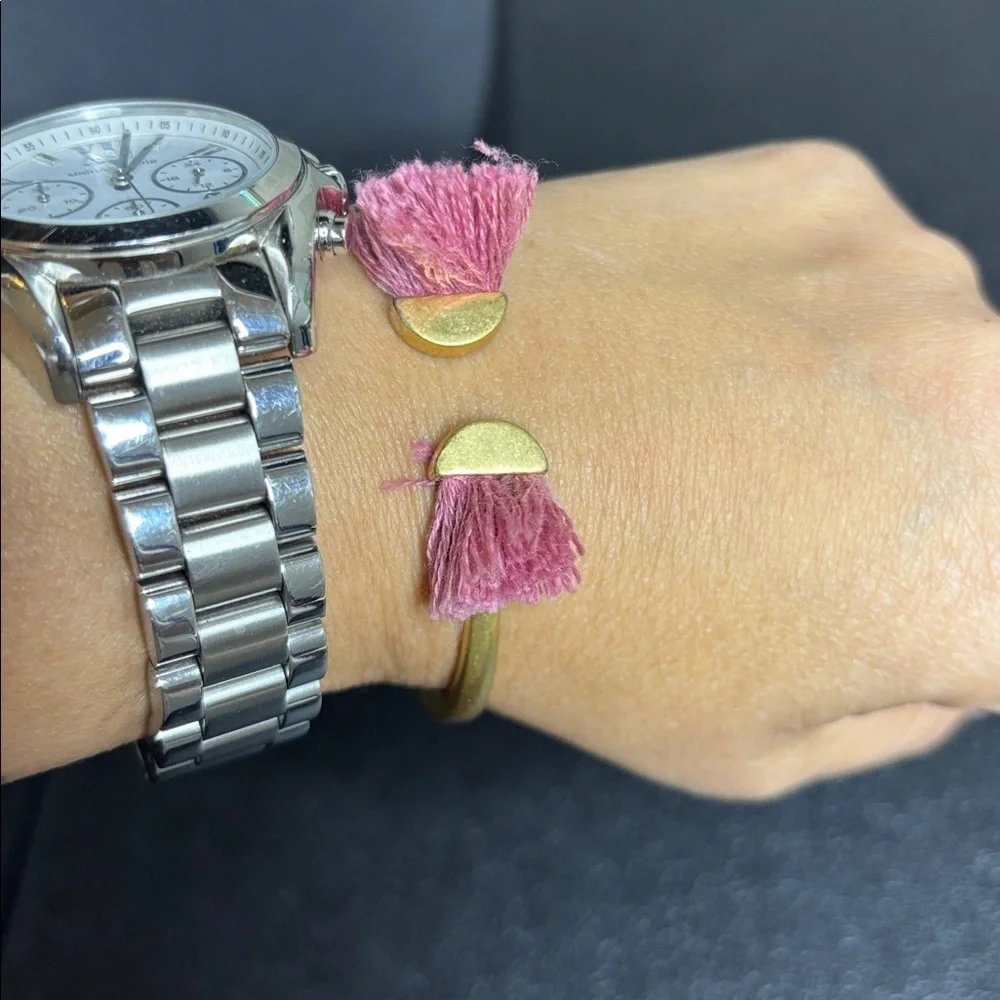 Madewell Pink Fringe Hinge Gold Tone Cuff Bangle Bracelet Jewelry Boho